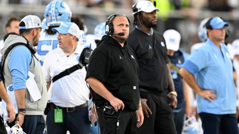 North Carolina defensive coordinator Steve Belichick, center, looks on from the sideline during the second half of an NCAA football game against Central Florida, Saturday, Sept. 20, 2025, in Orlando, Fla. (Phelan M. Ebenhack/AP)