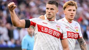 Stuttgart's Ermedin Demirovic, left, celebrates after scoring his side's second goal during the Champions League opening phase soccer match between VfB Stuttgart and Viking FK in Stuttgart, Germany, Wednesday, Sept. 9, 2026. (Harry Langer/dpa via AP)