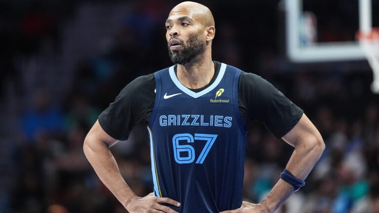 Memphis Grizzlies forward Taj Gibson looks on during the second half of an NBA basketball game against the Charlotte Hornets, Saturday, March 21, 2026, in Charlotte, N.C. (AP Photo/Matt Kelley)