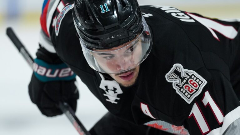 Former Kelowna Rockets forward Tij Iginla takes a faceoff during Memorial Cup action in May 2026. (Darryl Dyck/CP)