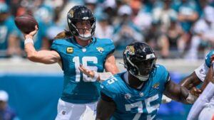 Jacksonville Jaguars quarterback Trevor Lawrence passes in the first half of an NFL game against the Cleveland Browns, Sunday, Sept. 13, 2026, in Jacksonville. (AP/Phelan M. Ebenhack)