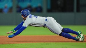 Toronto Blue Jays' George Springer steals second during the seventh inning of a baseball game against the Kansas City Royals, Saturday, Sept. 5, 2026, in Kansas City, Mo. (Charlie Riedel/AP)