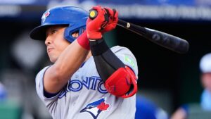 Toronto Blue Jays' Kazuma Okamoto watches his double during the first inning of a baseball game against the Kansas City Royals, Saturday, Sept. 5, 2026, in Kansas City, Mo. (Charlie Riedel/AP)