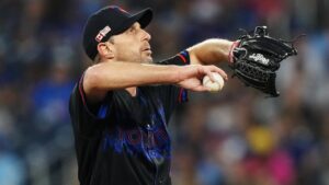 Toronto Blue Jays pitcher Max Scherzer (31) reacts on the mound during second inning MLB baseball action against the Baltimore Orioles in Toronto on Friday, Sept. 11, 2026. (Nathan Denette/CP)