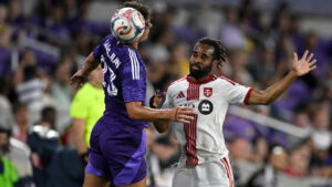 Orlando City forward Harvey Sarajian (23) and Toronto FC defender Raheem Edwards (44) compete for the ball during the second half of an MLS soccer match, Saturday, Sept. 12, 2026, in Orlando, Fla. (Phelan M. Ebenhack/AP)