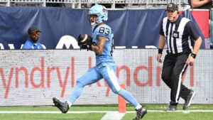 Toronto Argos wide receiver David Ungerer (83) scores a touchdown against the Ottawa Redblacks during second half CFL football action in Toronto on Saturday, Sept. 12, 2026. (Jon Blacker/CP)