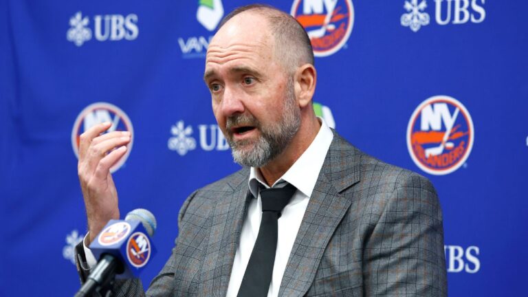 New York Islanders head coach Peter DeBoer answers questions from reporters during press conference after an NHL hockey game against the Montreal Canadiens Sunday, April 12, 2026, in Elmont, N.Y. (AP Photo/Noah K. Murray)