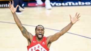 Toronto Raptors' Kawhi Leonard (2) celebrates after the buzzer as the Raptors defeat the Golden State Warriors in Game 6 NBA Finals action to take the NBA Championship in Oakland, Calif., Thursday, June 13, 2019. After Monday's championship parade in Toronto, Raptors star Leonard can turn his attention to June 30. At 6 p.m. ET that day, Leonard begin negotiationg with teams as a free agent. Players can't officially be signed until July 6, but news often leaks out during the negotiating period. THE CANADIAN PRESS/Frank Gunn