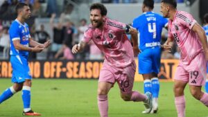 Inter Miami's Lionel Messi (10) celebrates after scoring a goal during the first half of the Campeones Cup soccer match against Cruz Azul, Wednesday, Sept. 16, 2026, in Miami. (AP Photo/Lynne Sladky)