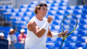 Liam Draxl of Canada reacts during his match with Daniel Merida of Spain on day three of the National Bank Open tennis tournament in Montreal on Tuesday August 4, 2026. THE CANADIAN PRESS/Christopher Katsarov