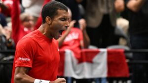 Felix Auger-Aliassime of Canada reacts to winning the first set against Quentin Halys during a Davis Cup qualifier second round match at the Videotron Centre in Quebec City, Friday, Sept. 18, 2026. THE CANADIAN PRESS/Jacques Boissinot