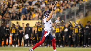 Montreal Alouettes quarterback Davis Alexander (10) throws a touchdown pass during first half CFL football action against the Hamilton Tiger-Cats in Hamilton on Friday, Sept. 18, 2026. THE CANADIAN PRESS/Nick Iwanyshyn
