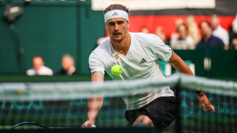 Germany's Alexander Zverev plays Croatia's Dino Prizmic during their Davis Cup tennis match in Halle, Germany, Sunday, Sept. 20, 2026. (Christoph Reichwein/dpa via AP)