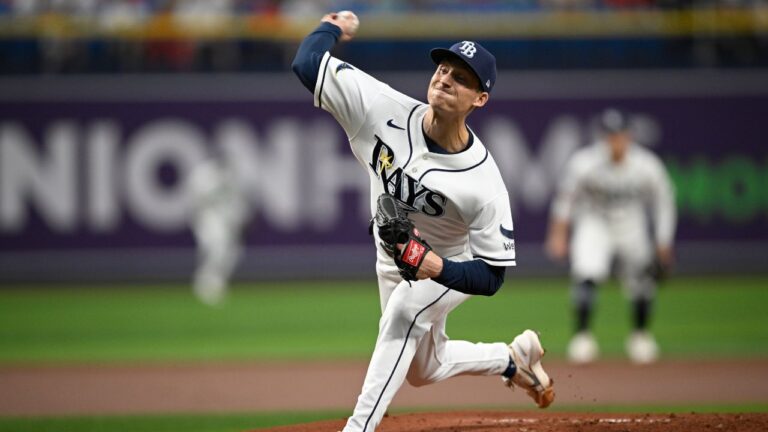 Tampa Bay Rays starting pitcher Griffin Jax throws to home plate during the first inning of a baseball game against the Boston Red Sox, Sunday, Sept. 20, 2026, in St. Petersburg, Fla. (AP Photo/Phelan M. Ebenhack)