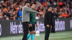 Germany's coach Jurgen Klopp talks to match official during the UEFA Nations League soccer match between the Netherlands and Germany in Amsterdam, Netherlands, Thursday, Sept. 24, 2026. (AP Photo/Martin Meissner)