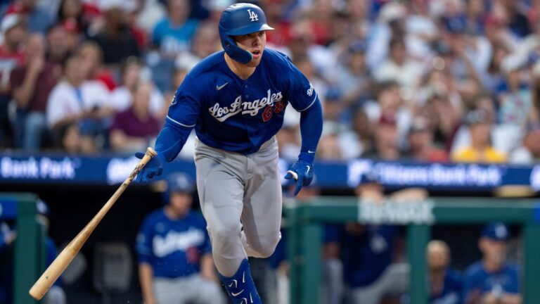 Los Angeles Dodgers catcher Dalton Rushing hits a two-run double during the fifth inning of a baseball game against the Philadelphia Phillies, Wednesday, July 22, 2026, in Philadelphia. (AP Photo/Chris Szagola)