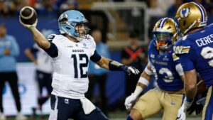 Toronto Argonauts quarterback Chad Kelly (12) throws against the Winnipeg Blue Bombers during first half CFL football action in Winnipeg on Friday, Sept. 25, 2026. THE CANADIAN PRESS/John Woods