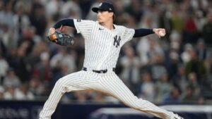 New York Yankees starting pitcher Max Fried throws against the Boston Red Sox during the first inning in Game 2 of baseball's American League Wild Card Series, Wednesday, Sept. 30, 2026, in New York. (AP Photo/Yuki Iwamura)