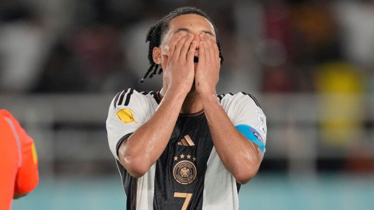 Germany's Paris Brunner reacts after failing to score during a penalty shootout against France in their U-17 World Cup final match at Manahan Stadium in Surakarta, Indonesia, Saturday, Dec. 2, 2023. (Achmad Ibrahim/AP)