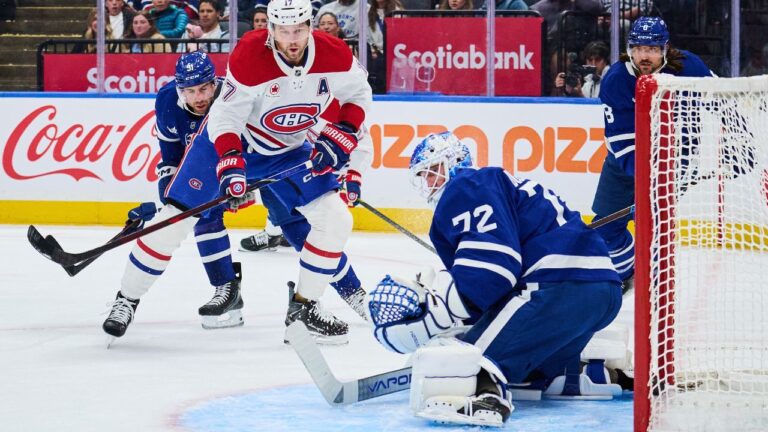 Montreal Canadiens' Josh Anderson (17) is stopped by Toronto Maple Leafs goaltender Sergei Bobrovsky (72) during first period NHL pre-season action in Toronto, on Saturday, Sept. 19, 2026. (Sammy Kogan/CP)