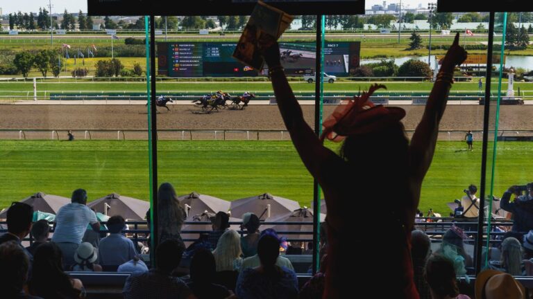 Fans celebrate as horses race at the King's Plate horse race in Toronto, on Saturday, Aug. 15, 2026. (Keito Newman/CP)