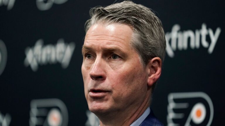 Former Philadelphia Flyers general manager Chuck Fletcher speaks during a news conference at the team's NHL hockey practice facility, Wednesday, Jan. 26, 2022, in Voorhees, N.J. (Matt Rourke/AP)