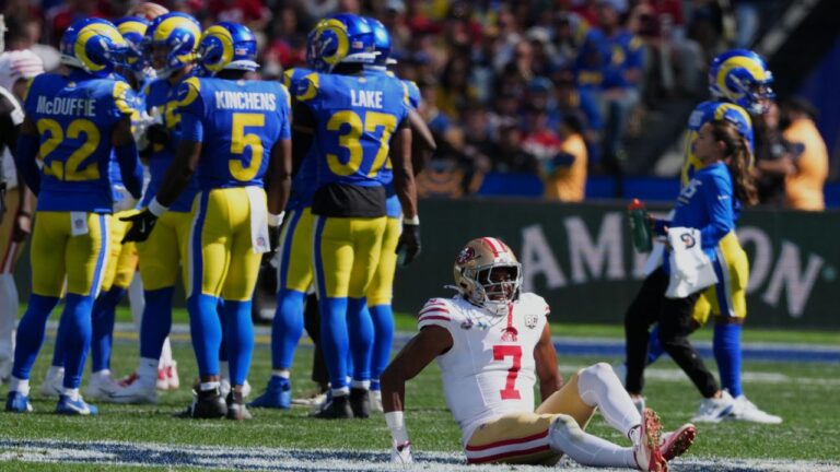 San Francisco 49ers De'Zshaun Stribling sits on the field during the first half of an NFL football game against the Los Angeles Rams, Friday, Sept. 11, 2026, in Melbourne, Australia. (Scott Barbour/AP)
