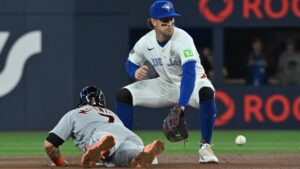 Detroit Tigers' Kevin McGonigle, left, dives back into second base ahead of the tag from Toronto Blue Jays second baseman Ernie Clement (22) on a pick-off tag attempt during first inning MLB baseball action in Toronto on Tuesday, Sept. 15, 2026. (Jon Blacker/CP)