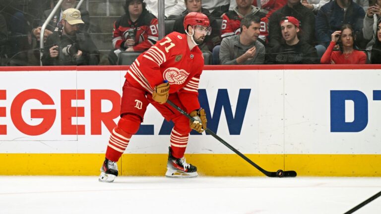 Detroit Red Wings center Dylan Larkin looks to pass during the second period of an NHL hockey game against the New Jersey Devils, Saturday, April 11, 2026, in Detroit. (Jose Juarez/AP)