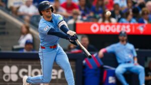 Toronto Blue Jays' George Springer (4) hits an RBI sacrifice-fly against the Detroit Tigers during fourth inning MLB action in Toronto, on Wednesday, Sept. 16, 2026. (Keito Newman/CP)