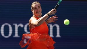 Aryna Sabalenka returns the ball to Kamilla Rakhimova during the third round of the U.S. Open on Friday, Sept. 4, 2026, in New York. (Heather Khalifa/AP)
