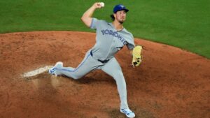 Toronto Blue Jays pitcher Michael Lorenzen throws during the ninth inning of a game against the Kansas City Royals, Friday, Sept. 4, 2026, in Kansas City, Mo. (Charlie Riedel/AP)