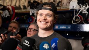 Montreal Canadiens' Cole Caufield speaks to the media during their end-of-season news conference in Brossard, Que., on Monday, June 1, 2026. (Christinne Muschi/CP)