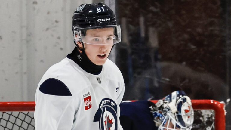 Winnipeg Jets' Viggo Bjorck (61) hits the ice during the opening day of the NHL hockey team's training camp, in Winnipeg, on Thursday, Sept. 17, 2026. (John Woods/CP)