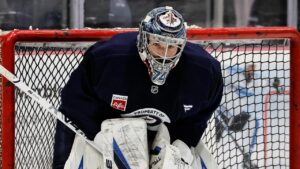 Winnipeg Jets' goaltender Stuart Skinner (74) is pictured during NHL training camp in Winnipeg on Thursday, Sept. 17, 2026. (John Woods/CP)