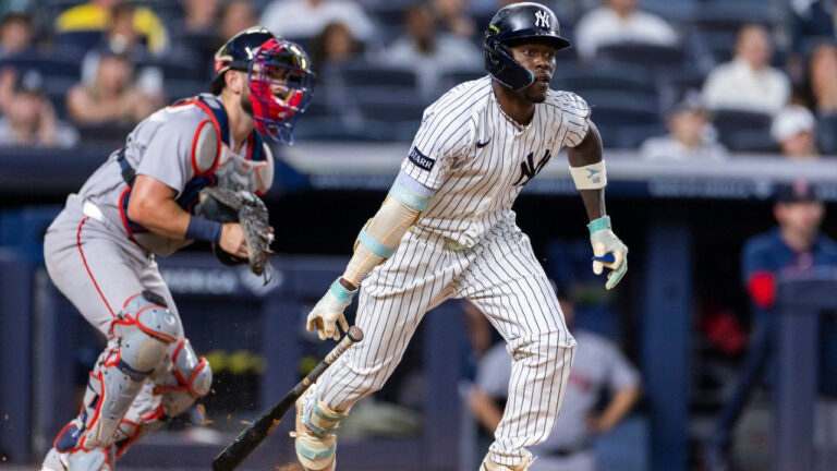 New York Yankees' Jazz Chisholm Jr., right, watches after he hit into a fielder's choice in the eighth inning during the second baseball game of a doubleheader against the Boston Red Sox, Saturday, Aug. 29, 2026, in New York. (Corey Sipkin/AP)