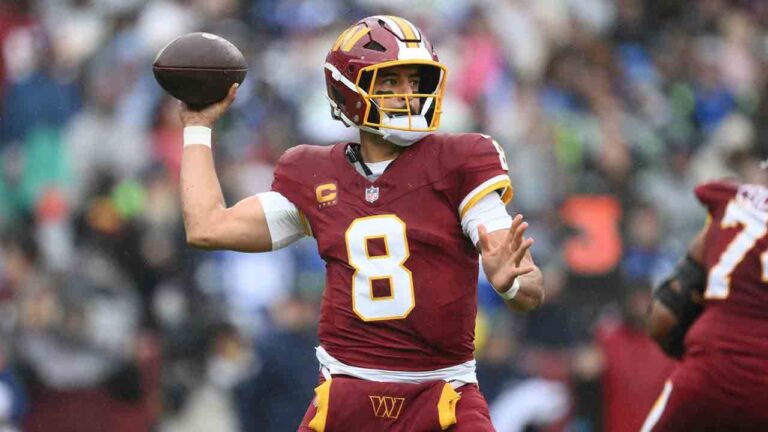 Washington Commanders quarterback Marcus Mariota (8) passes the ball during the first half of an NFL football game against Seattle Seahawks, Sunday, Sept. 27, 2026 in Landover, Md. (Nick Wass/AP)