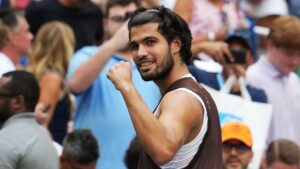 Carlos Alcaraz, of Spain, gestures after he won his match against Wu Yibing, of China, during the third round of the US Open tennis championships Friday, Sept. 4, 2026, in New York. (Kirsty Wigglesworth/AP Photo)