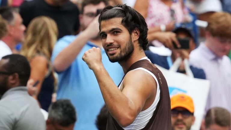 Carlos Alcaraz, of Spain, gestures after he won his match against Wu Yibing, of China, during the third round of the US Open tennis championships Friday, Sept. 4, 2026, in New York. (Kirsty Wigglesworth/AP Photo)
