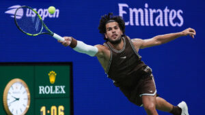 Carlos Alcaraz, of Spain, returns the ball to Jaime Faria, of Portugal, during the second round of the U.S. Open tennis championships, Wednesday, Sept. 2, 2026, in New York. (Sydney Schaefer/AP)
