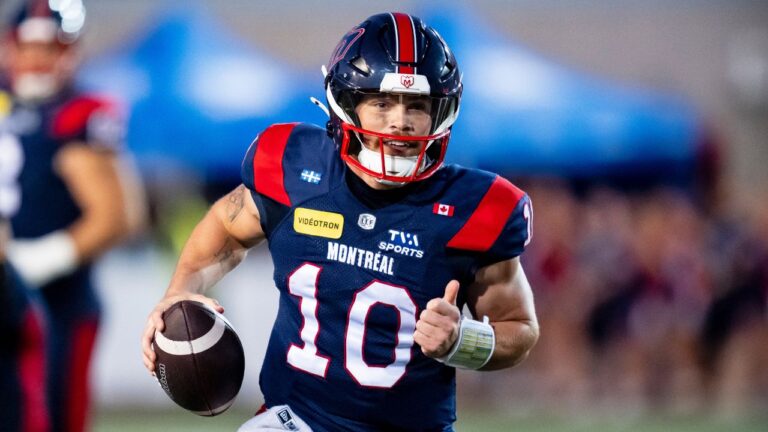 Montreal Alouettes quarterback Davis Alexander (10) runs the ball against the Ottawa Redblacks during first half CFL football action in Montreal, on Thursday, August 20, 2026. (Christopher Katsarov/THE CANADIAN PRESS)