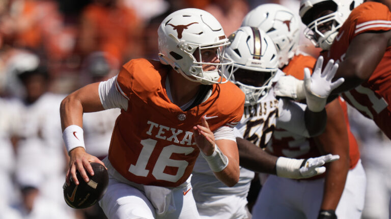Texas quarterback Arch Manning (16) scrambles against Texas State during the first half of an NCAA college football game in Austin, Texas, Saturday, Sept. 5, 2026. (Eric Gay/AP)