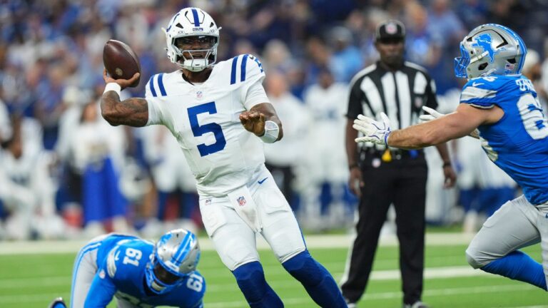 Indianapolis Colts quarterback Anthony Richardson Sr. (5) throws against the Detroit Lions during the first half of a preseason NFL football game in Indianapolis, Saturday, Aug. 29, 2026. (AJ Mast/AP)
