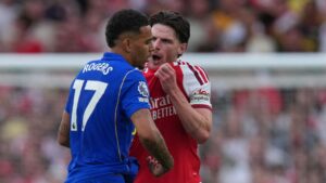 Arsenal's Declan Rice, right, argues with Chelsea's Morgan Rogers during the English Premier League soccer match between Arsenal and Chelsea in London, Sunday, Sept. 6, 2026. (Dave Shopland/AP)
