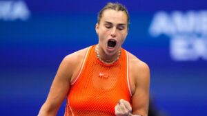 Aryna Sabalenka, of Belarus, reacts during the fourth round of the U.S. Open tennis championships against Taylor Townsend, of the United States, Sunday, Sept. 6, 2026, in New York. (Yuki Iwamura/AP)
