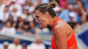 Aryna Sabalenka, of Belarus, reacts during a match against Linda Noskova, of the Czech Republic, during the quarterfinal round of the U.S. Open tennis championships, Tuesday, Sept. 8, 2026, in New York. (Kirsty Wigglesworth/AP)