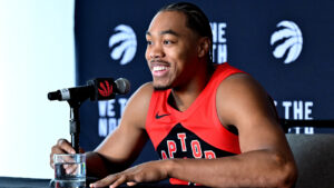 The Toronto Raptors' forward Scottie Barnes speaks at the Raptors media day in Toronto on Monday, September 28, 2026. (Jon Blacker/CP)