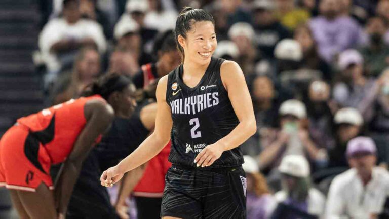 Golden State Valkyries guard Kaitlyn Chen (2) smiles during the first quarter of a WNBA basketball game against the Portland Fire in San Francisco on Friday, Sept. 18, 2026. (Stephen Lam/San Francisco Chronicle via AP)