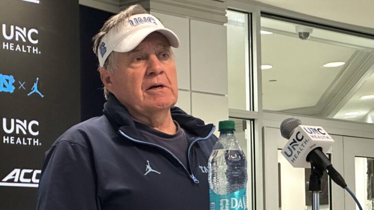 North Carolina coach Bill Belichick speaks at an NCAA college football news conference before preseason camp, Thursday, July 30, 2026, in Chapel Hill, N.C. (Aaron Beard/AP)