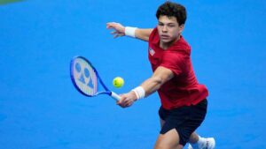 United States' Ben Shelton returns the ball to Czechia's Jakub Mensik during the Davis Cup second round qualifier match between the Czech Republic and the United States, in Prague. (Petr David Josek/AP)